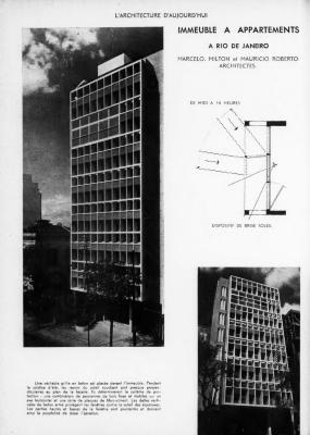 Repercussão internacional do projeto [título atribuído], 1947. [autoria não identificada] Fonte: Immeuble à appartements à Rio de Janeiro. L’Architecture d’Aujourd’hui, n.16, p. 38, dez. 1947.