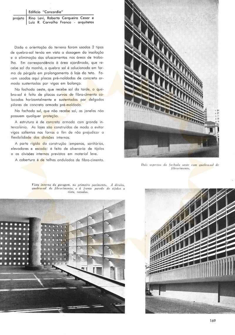 Visualizações externas e interna da solução com brises curvos [título atribuído], 1958.  Fonte: Edifício Concordia Acrópole. São Paulo, ano 20, n.233, p.169, mar. 1958.