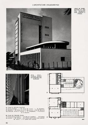 Publicação do projeto em revista internacional em edição dedicada ao Brasil [título atribuído], 1947. Fonte: Usine de torrêfaction et entrepots. L'acrchitecture d'aujourd'hui. Paris, ano 18, n.13-14, p.87, set. 1947 [imagem editada]