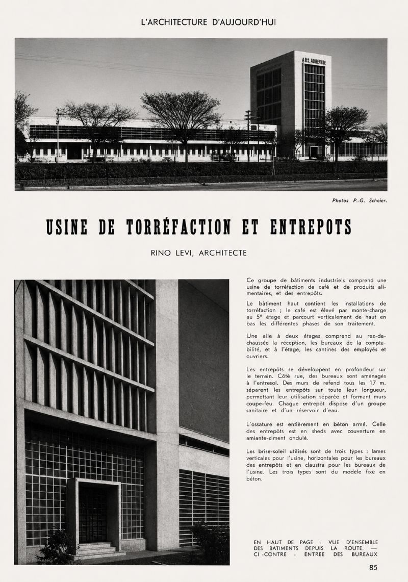 Publicação do projeto em revista internacional em edição dedicada ao Brasil [título atribuído], 1947. Usine de torrêfaction et entrepots. L'acrchitecture d'aujourd'hui. Paris, ano 18, n.13-14, p.86, set. 1947 [imagem editada]