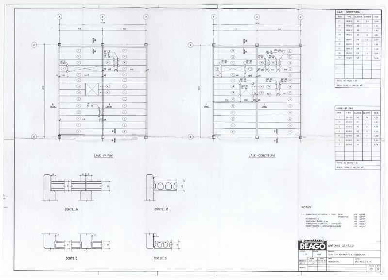 Prancha de detalhamento dos elementos estruturais pré-fabricados produzidos pela REAGO [título atribuído], 1990. Fonte: Acervo Antonio Gerassi.