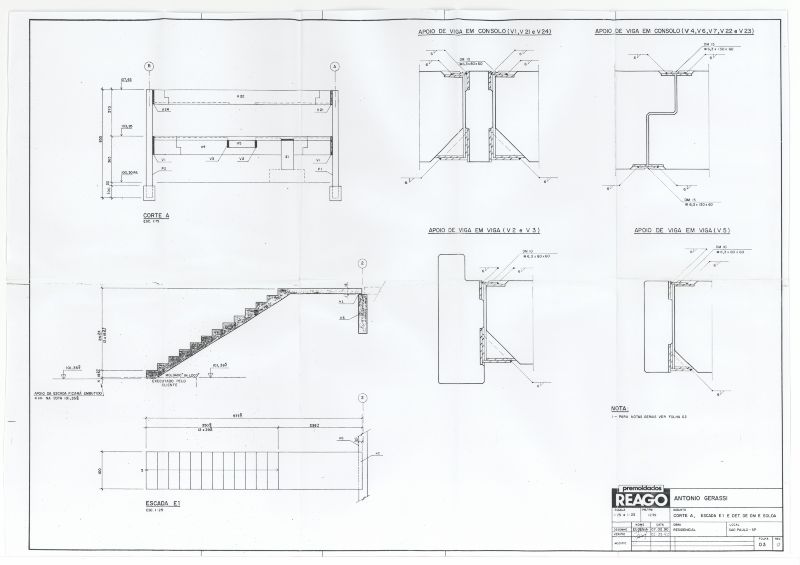 Prancha de detalhamento dos elementos estruturais pré-fabricados produzidos pela REAGO [título atribuído], 1990. Fonte: Acervo Antonio Gerassi.